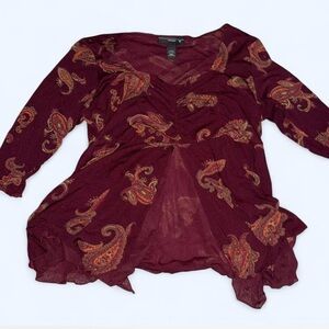 Venezia Burgundy Paisley Ruched V-Neck Tunic